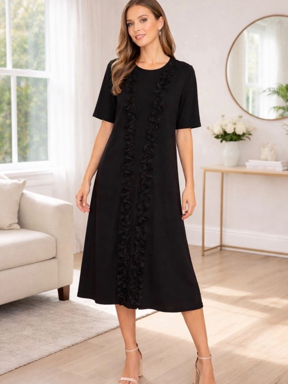 Forever 21 Black Midi Dress with Floral Ruffle Panels